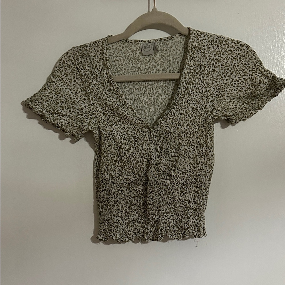 Olive Green Ditsy Floral Smocked Crop Top
